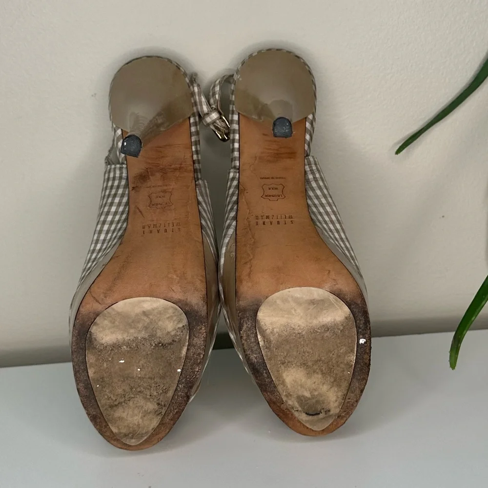Stuart Weitzman Gingham Slingback Heels 7M | Platform Peep Toe Floral Bow - Picture 8 of 14
